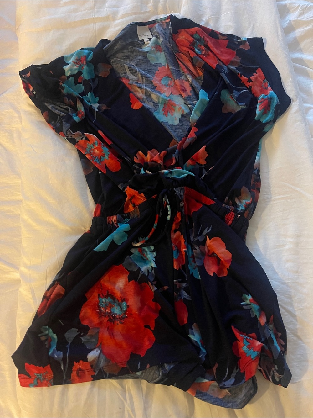 Kaileigh Navy Floral Wrap Romper with Red & Teal Blooms